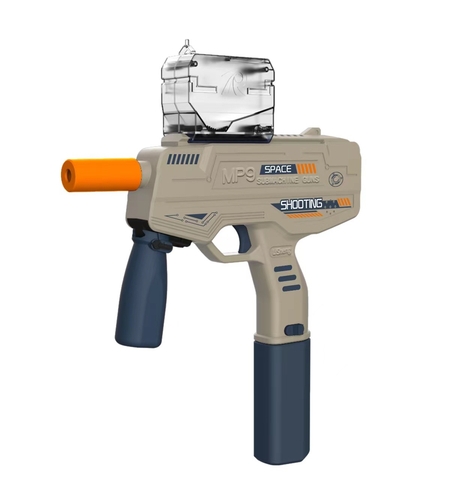Mitraliera de jucarie electrica Flippy cu bile de hidrogen de gel, gun bluster, tragere in rafala, varsta peste 6 ani, ochelari de protectie, 5000 de bile incluse, cablu de incarcare, 40.1 x 31.6 cm, Mp9, crem