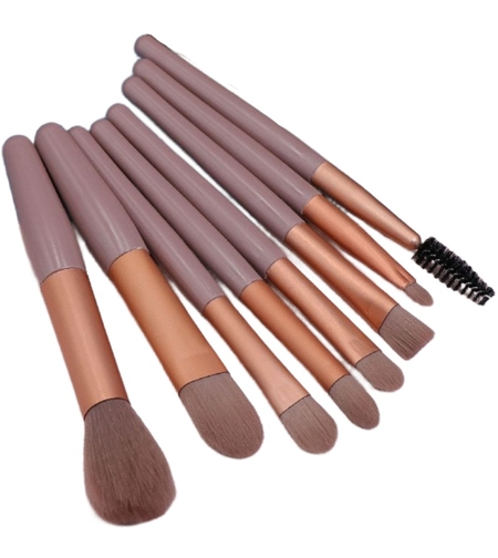Mini Set Portabil 8 Pensule pentru Machiaj Flippy, Super Soft, Makeup Profesional/Incepatori, Maner Ergonomic, Gentuta Depozitare Inclusa, Maro