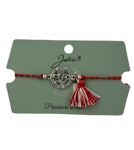 Martisor Bratara Ciucure, Jolie, Snur Rosu Reglabil, Model Trandafir, Argintie