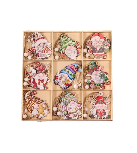 Set 18 Decoratiuni de Craciun din Lemn, Flippy, cu Snur pentru Agatare in Brad, Model Gnomi, Diferite Dimensiuni, Multicolor