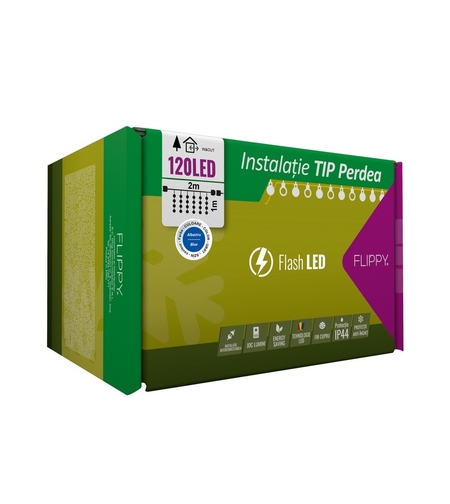 Instalatie Craciun, Tip Perdea, IP44, 2 m x 1 m, 120 LED-uri, Albastru, cu flash, Transformator cu telecomanda, Interconectabila, Prelungitor 3 m inclus, Fir transparent, Interior/ Exterior, Vafy