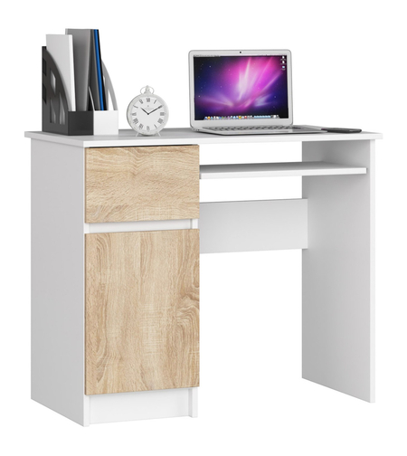 Birou computer PIKSEL, cu sertar, dulap si raft pentru tastatura, stanga, 90x50x77 cm, alb si stejar sonoma