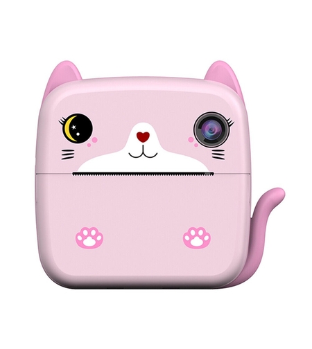 Set Camera Instantanee pentru Copii, Flippy, Ecran HD 2.4'', 24MP, 720P Video, 1200 mAh, cu Functie de Printare Alb-Negru, cablu USB-C, Bluetooth, Compatibil iOS/Android, Imprimare APP, Model Kitty, Roz