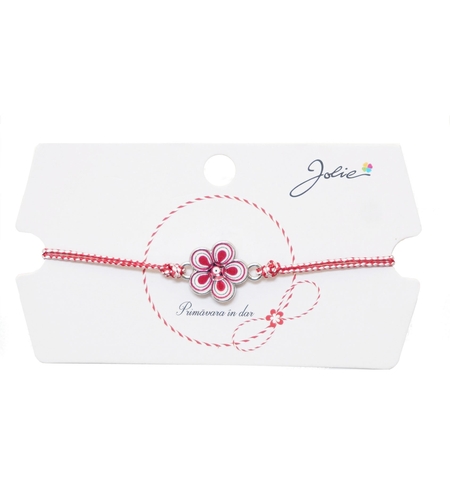 Martisor tip Bratara Traditionala cu Pandantiv, Jolie, Model Floare, Snur Impletit Alb/Rosu, Dimensiune Pandativ Aprox 2 cm, Ambalaj cu Design