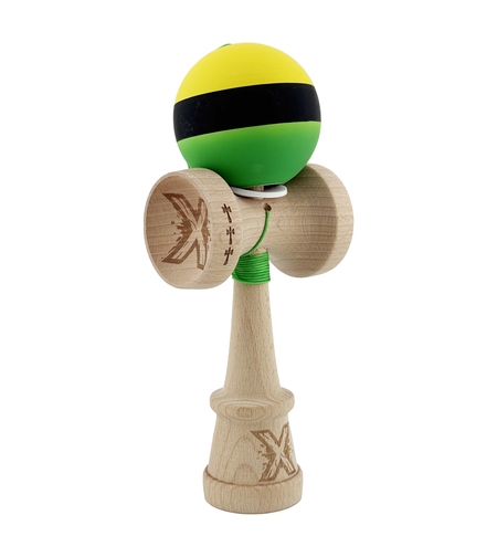 Kendama X Originala, Profesionala, Flippy, Cupe Mari KING SIZE V3, Rubber Grip, Gaura in Baza, Rulment Metalic, din lemn 18 cm, Ata 62/65 cm, M Galben/Negru/Verde