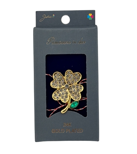 Martisor Brosa Placata cu Aur 24K, Jolie, Dimensiune Brosa 2-3 cm, Model Trifoi cu Patru Foi, Auriu