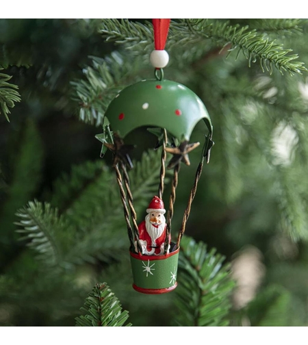 Figurina pentru Brad de Craciun, Flippy, Model Mos Craciun in Balon cu Aer Cald, Ornament pentru Brad, din Metal, 11 x 5.5 x 5.5 cm, Verde