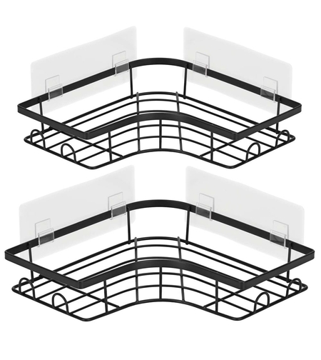 Set 2 polite de colt pentru dus, metalice cu montaj autoadeziv, inox, negru