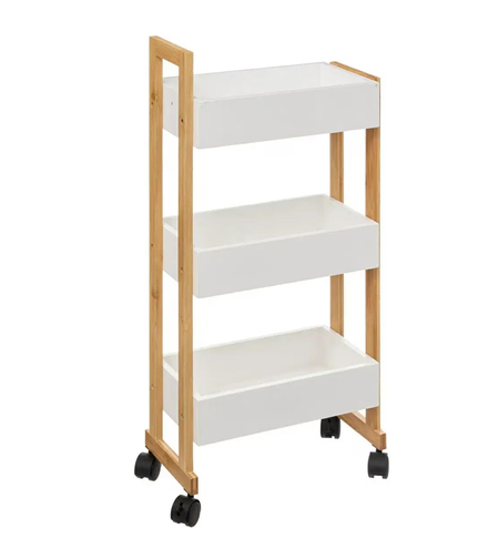 Etajera cu roti Atmosphera Natureo cu 3 niveluri, bambus si MDF, 41x20x81 cm, alb