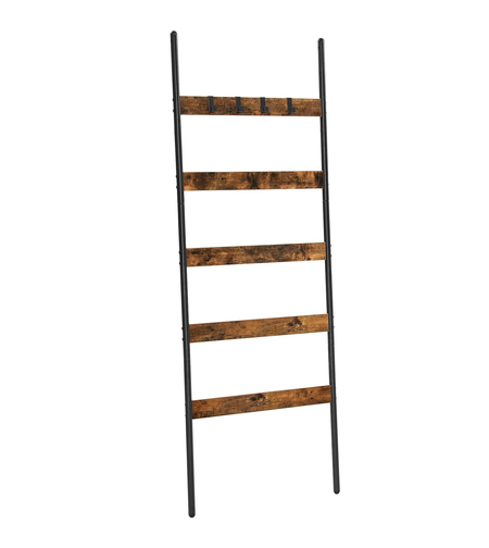 VASAGLE Cuier baie tip scara inclinata, cadru din otel cu 5 nivele, agatatori detasabile, 65x178cm, maro rustic si negru