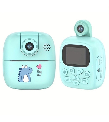 Set Camera Instantanee pentru Copii, Flippy, Camera 180° Selfie, Ecran HD 2'', 24MP, 720P Video, 1200 mAh, cu Functie de Printare Alb-Negru, cablu USB-C, Bluetooth, Compatibil iOS/Android, Imprimare APP, Model Dino, Turcoaz