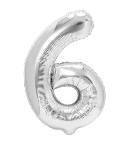 Balon din Folie Metalizata, Flippy, Figurina Cifra, Tema Aniversare 100 cm, Ambalaj Individual, Pai inclus, Umflare cu Aer sau Heliu, Argintiu, Cifra 6