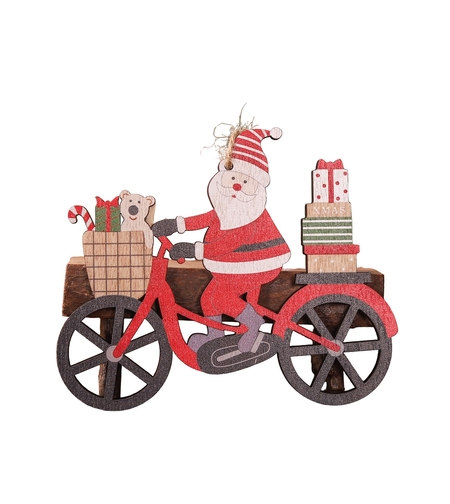 Decoratiune de Craciun din Lemn, Flippy, cu Snur pentru Agatare in Brad, Model Mos Craciun pe Bicicleta, 10.3x11.5x0.5 cm, Multicolor