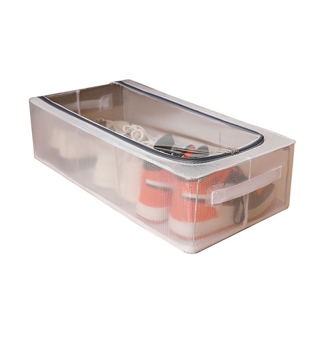 Cutie de Depozitare, Flippy, pentru Pantofi Haine, din Plasa PVC Impermeabila si Cadru de Otel, Pliabila, Fermoar Bidirectional, 60 x 30 x 15 cm, Transparenta