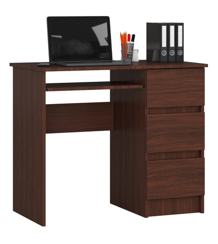 Birou computer cu 3 sertare si raft pentru tastatura, dreapta, 90x50x77 cm, maro wenge