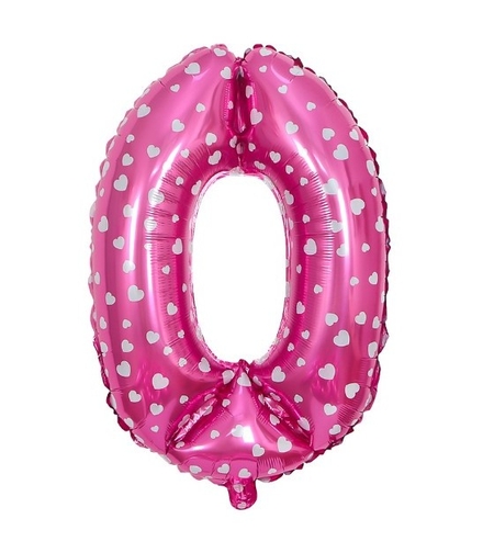 Balon din Folie Metalizata Flippy, Figurina Cifra, Imprimeu Inimi, Tema Aniversare 80 cm, Ambalaj Individual, Pai inclus, Umflare cu Aer sau Heliu, Roz, Cifra 0