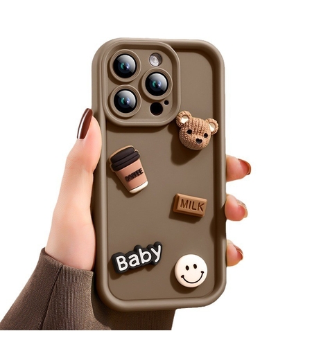 Husa de Protectie, Vafy, pentru Apple iPhone 14, Model Ursuleti 3D, Antisoc, Rezistenta la Impact, Protectie Camera, Maro