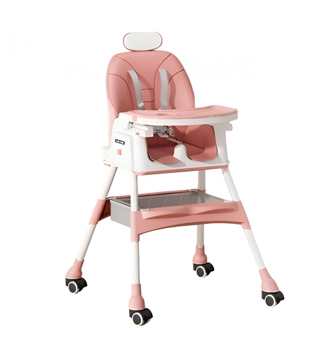 Scaun de Masa pentru Bebelusi si Copii Flippy, cu Roti, cu Tetiera, Telescopic, Pliabil, Masuta Reglabila, Suport Picioare, Scaun cu Invelis Piele Artificiala, Centura Siguranta, Spatiu Depozitare, 97 x 73 x 65 cm, Roz