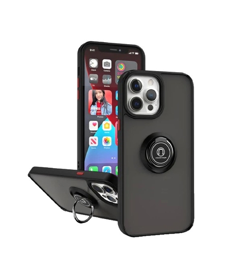 Husa Anti Fall Metal Bracket pentru Apple iPhone 14 Pro, Rezistenta la socuri, Margini colorate, Cu inel de prindere magnetic, Vafy, Negru