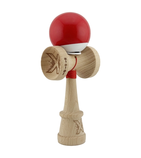 Kendama X Originala, Profesionala, Flippy, Super Sticky cu Cupe Mari KING SIZE V3, Gaura in Baza, Rulment Metalic, din lemn 18 cm, Ata 62/65 cm, Bicolor Rosu/Alb