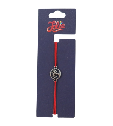 Martisor Bratara din Inox pentru Copii, Jolie, Textil si Inox, Snur Rosu, Model Copacul Vietii, Argintiu