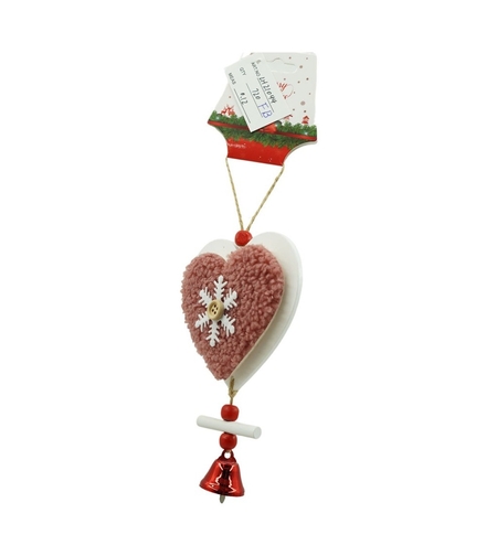 Ornament de brad broderie cu inima, Flippy, roz, lemn, 18 cm