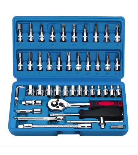 Chei tubulare Set 46 de Piese, Flippy, Trusa Scule de Reparatii Auto, Prelungitoare Rigid si Flexibil, Articulatie Cardanica, Antrenor de Forta Glisant, Adaptoare, Maner pentru Surubelnita, 23 x 12 x 4 cm, 1.9 kg, Cutie Albastra