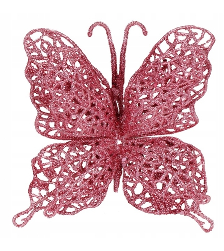 Set 10 ornamente pentru bradul de Craciun, Fluture cu sclipici, 16cm, roz