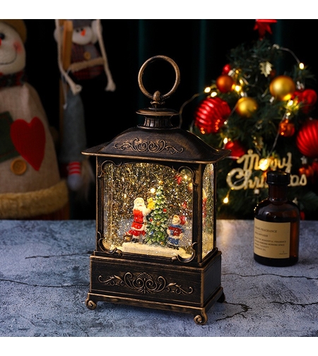 Decoratiune Craciun, Tip Felinar, Figurine Mos Craciun cu Baietel, 3 Moduri, Functie Muzicala, Zapada in Miscare, Functioneaza Cu Baterii ( 3 x AA neincluse), Cablu USB (Inclus), Model Vintage Negru - Auriu, 14.5 x 8 x 23 cm, Alb Cald