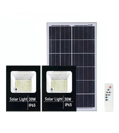 Set 2 proiectoare LED SMD 30W cu incarcare solara Flippy, panou solar, cu telecomanda, suport prindere, material ABS, 1.2AH, 200LED-uri, 13x13.5 cm, negru