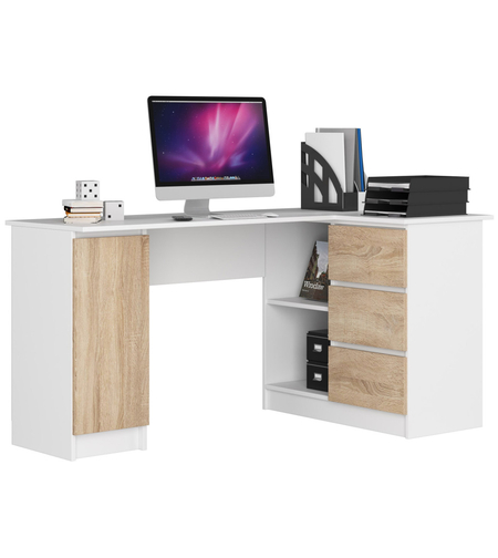 Birou colt dreapta in L cu 3 sertare si rafturi, PAL laminat 16 mm, 155x85x77 cm, alb si stejar sonoma