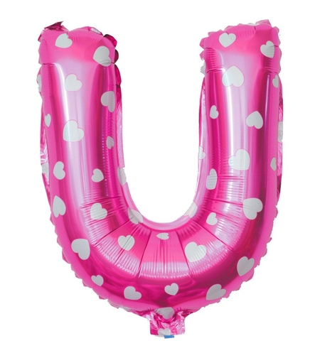 Balon Folie Metalizata Litera U, Flippy, 40 cm, Cu Imprimeu Inimioare, Umflati cu Heliu sau Aer, Ambalaj Individual, Pai inclus, Roz