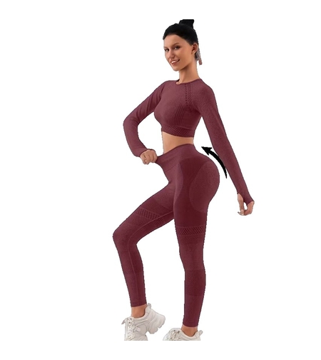 Costum Sport de Dama, Flippy, pentru Yoga, Talie Inalta, Top Scurt, Elastic, Burgundy, Marime L