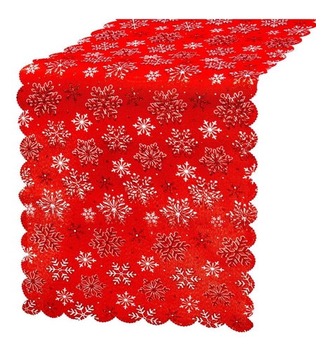 Fata de masa pentru decor, cu motive de Craciun, din stofa, 34x187cm, rosu