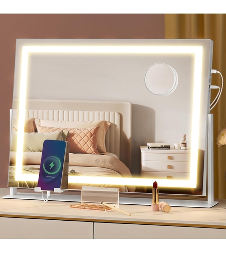 SONGMICS Oglinda machiaj cu iluminare LED, 3 culori lumina, suport telefon, 2 porturi USB, zoom 10x, 58x43 cm, alb