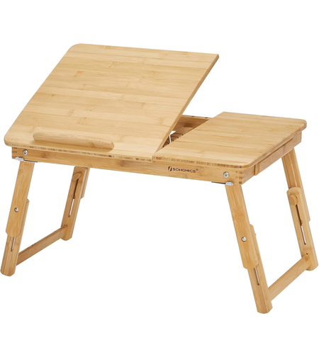 SONGMICS Masuta laptop sau mic dejun, din bambus, reglabila pe inaltime si unghi, cu sertar lateral, 68x35x22-32 cm, natural