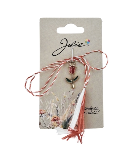 Martisor Traditional, Jolie, Model Lalea, cu Snur Impletit Alb/Rosu, Pandantiv 2 cm, Rosu/Verde
