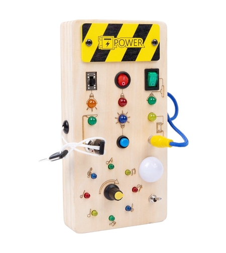 Jucarie Educativa Montessori pentru Copii, Flippy, Model Busy Board, Tableta din Lemn cu Circuit Luminos, 36 Comutatoare, Lumini LED, 19,5 x 9,7 x 3