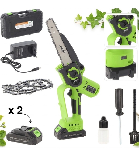 Fierastrau electric pentru crengi, cu acumulator, sina 20 cm, motor fara perii 900 W, 2 baterii 21 V, lant de rezerva