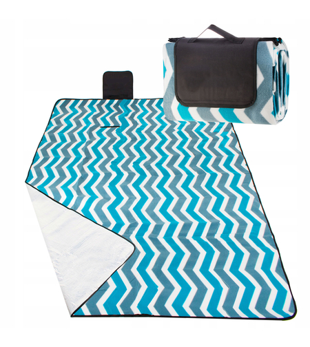 Patura pentru picnic sau plaja, cu folie izolatoare si maner, 160x200cm, alb albastru