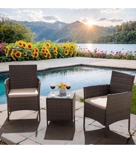 SONGMICS Set mobilier gradina cu 2 locuri, 2 scaune si masa cu sticla, ratan PE, maro