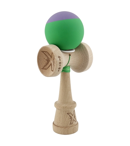 Kendama X Originala, Profesionala, Flippy, Rubber Grip, Cupe Mari KING SIZE V3, Gaura in Baza, Rulment Metalic, din lemn 18 cm, Ata 62/65 cm, Bicolor Mov/Verde