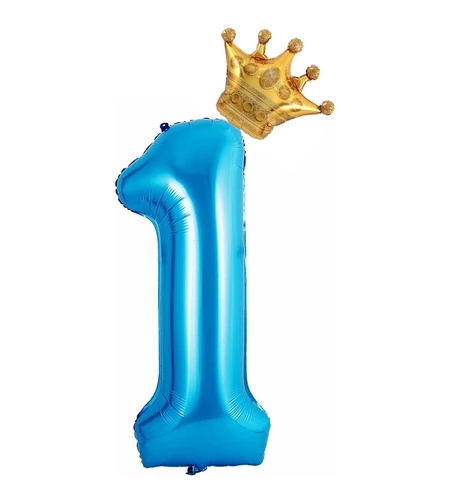 Balon din Folie Metalizata Flippy, Figurina Cifra si Coroana, Tema Aniversare 100 cm, Ambalaj Individual, Pai inclus, Umflare cu Aer sau Heliu, Albastru, Cifra 1