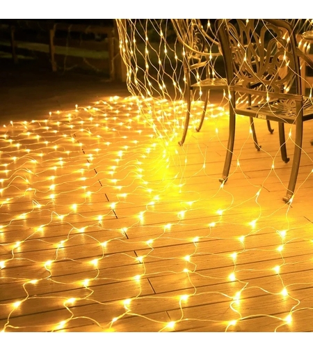 Instalatie Craciun Yoto, Tip Plasa, 2 m x 2 m, 160 LED-uri, Prelungitor 1.5 m, 8 Jocuri de Lumini, Interconectabila, Fir transparent, Interior/Exterior, Alb Cald