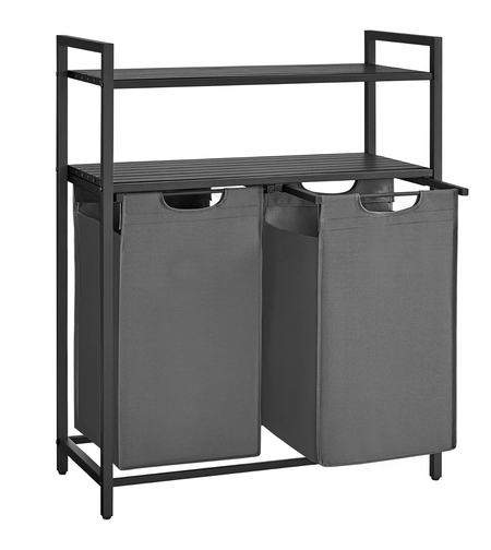 VASAGLE Cos de rufe, cu 2 saci detasabili, 2 rafturi, capacitate de 46L per sac, 73x33x92cm , negru si gri