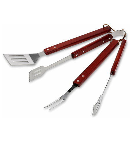 Set 3 ustensile pentru gratar din inox cu maner din lemn, spatula, furculita si cleste