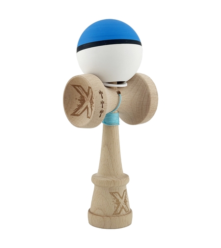 Kendama X Originala, Profesionala, Flippy, Cupe Mari KING SIZE V3, Rubber Grip, Gaura in Baza, Rulment Metalic, din lemn 18 cm, Ata 62/65 cm, S Bicolor Albastru/Alb