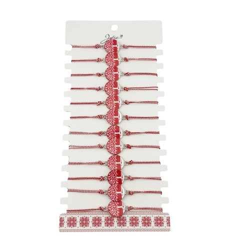 Bratara Martisor pentru Dama, Jolie, Model Rotund cu Copac, Set 12 bucati, Pandativ din Aliaj cu Print Traditional, Snur Ajustabil Impletit, Alb/Rosu