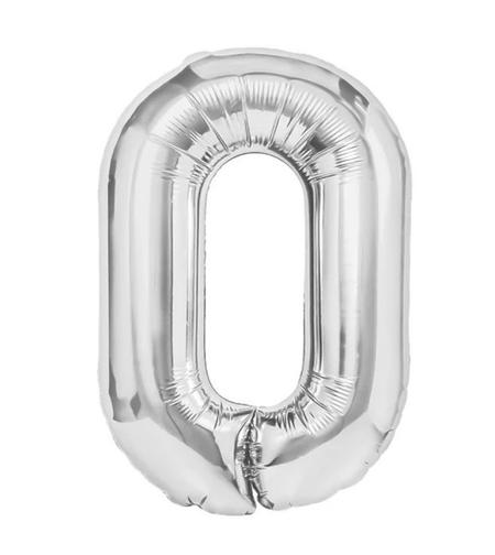 Balon din Folie Metalizata, Flippy, Figurina Cifra, Tema Aniversare 100 cm, Ambalaj Individual, Pai inclus, Umflare cu Aer sau Heliu, Argintiu, Cifra 0