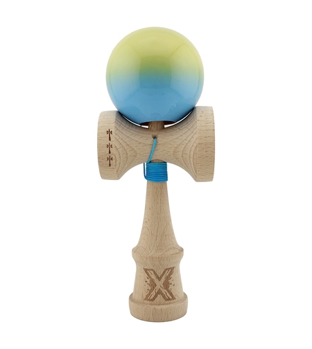 Kendama X Originala, Profesionala, Flippy, Big Cups V2, Super Sticky cu Cupe Mari, din lemn 18 cm, Rulment Metalic cu Ata 55 cm, Galben/Albastru